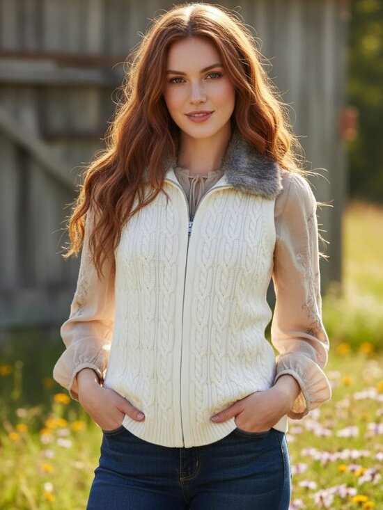 Liz Claiborne Sweaters - Claiborne S Cable Sweater Vest Cream Faux Fur Cozy Western Cabin Boho Chic Retro